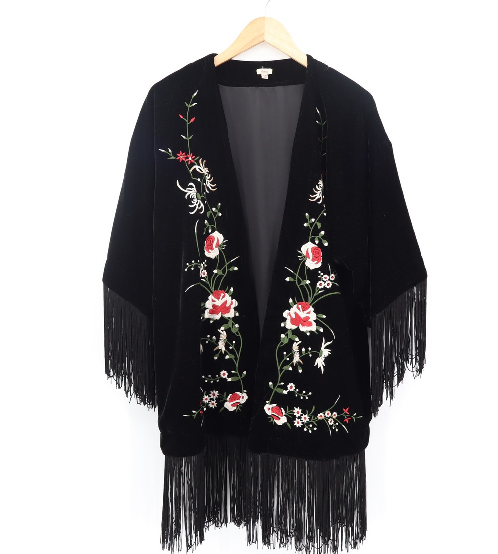 Reba S/M Embroidered Velvet Kimono Jacket Fringe Western Open Front